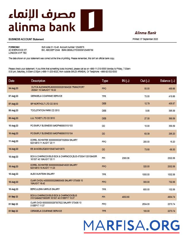 Printable Alinma Bank company statement Word and PDF template
